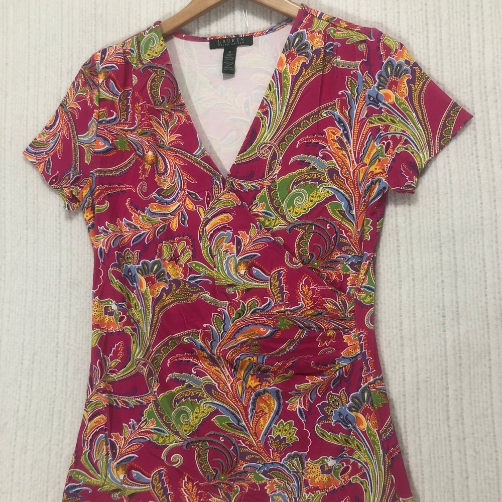 Lauren Ralph Lauren‎ Paisley Print V-Neck Top Ruched Detail Pink Women's Size M